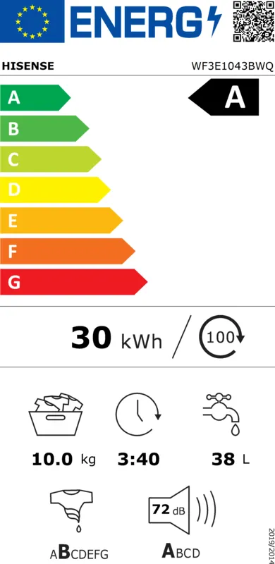 Hisense WF3E1043BWQ energielabel