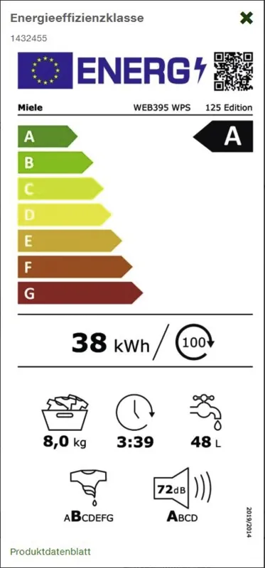 Miele WEB395 WPS125 Edition energielabel