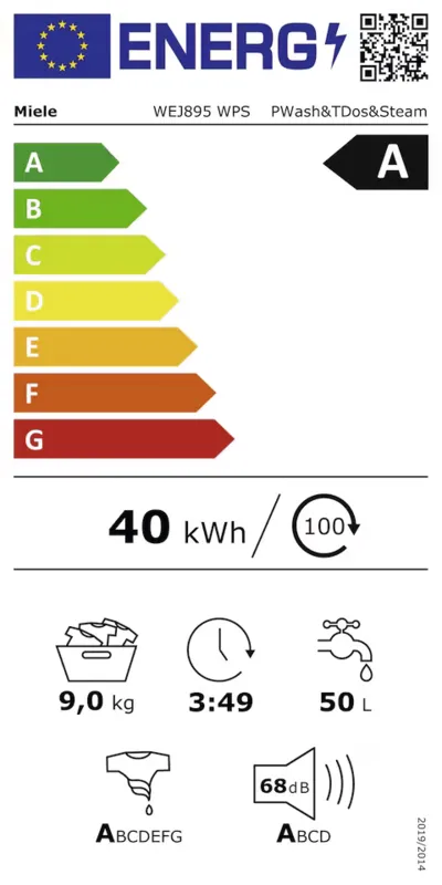 Miele WEJ 895 WPS Excellence PowerWash & TwinDos & SteamCare energielabel