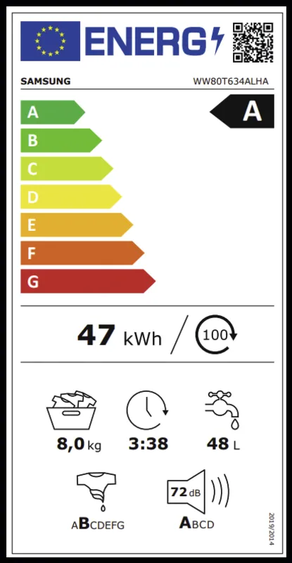 Samsung WW80T634ALHAS2 energielabel