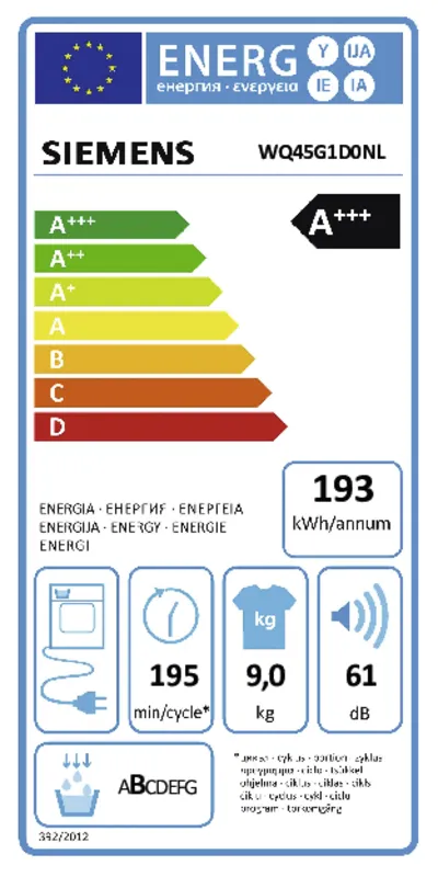 Siemens WQ45G1D0NL energielabel